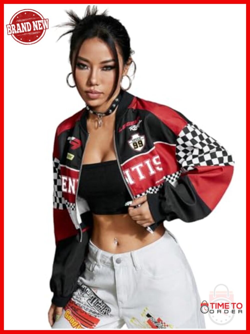 Cropped Varsity Jacket Zip Up 90s Bomber Y2k Graphic Motorcycle Coat F1 Racer